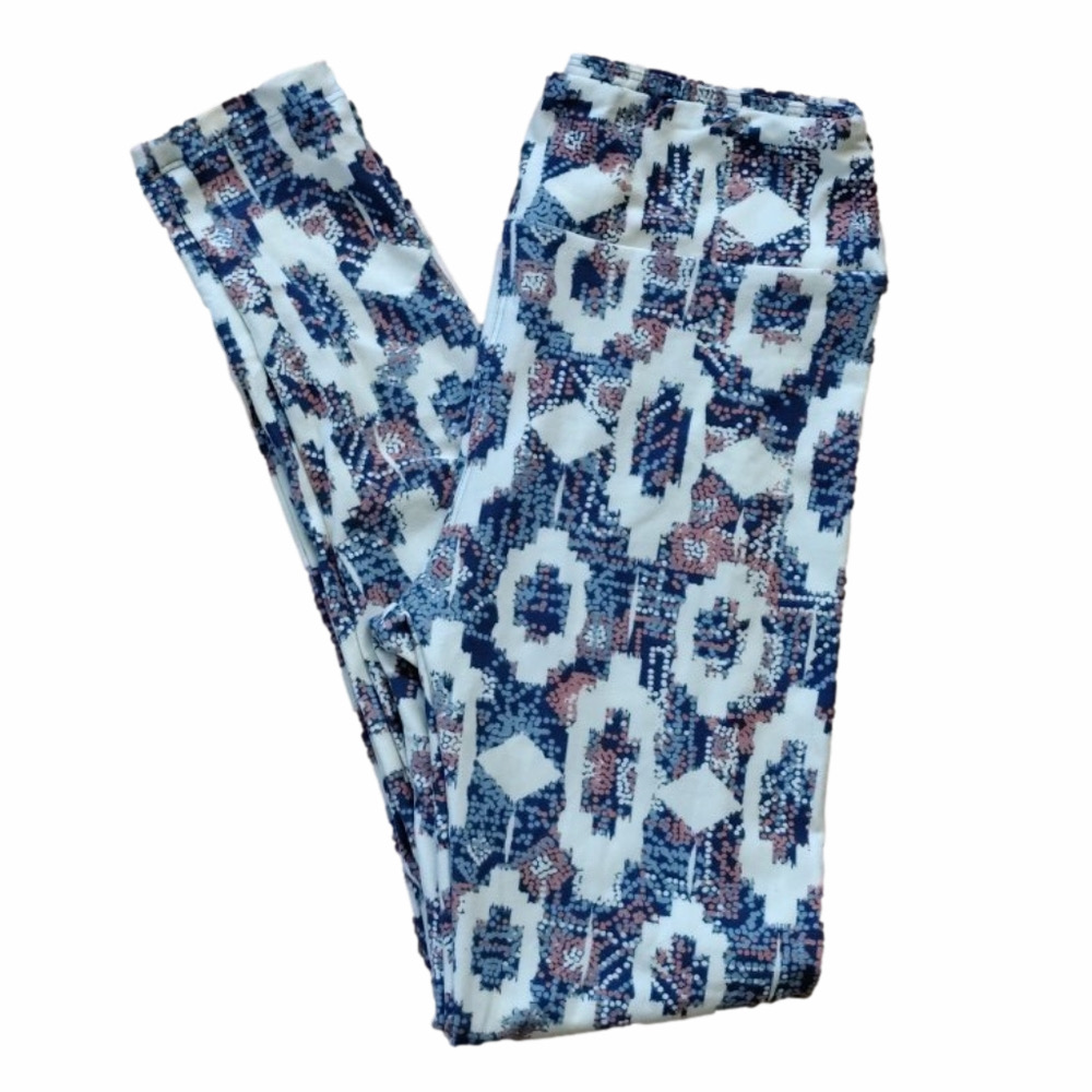 LuLaRoe OS Leggings NWOT Blue & Cream Geometric Print Buttery Soft